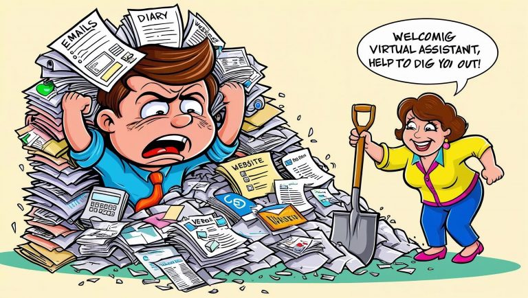 stressed business owner buried under admin like emails, diary, website and show a happy virtual assistant at the side with a shovel ready to dig them out