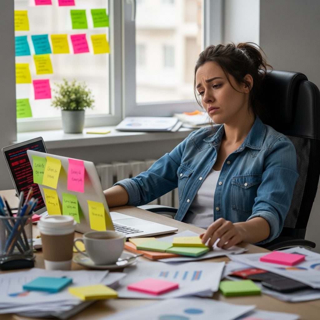 Overwhelmed business owner at messy desk, showing signs of burnout and mental exhaustion.
