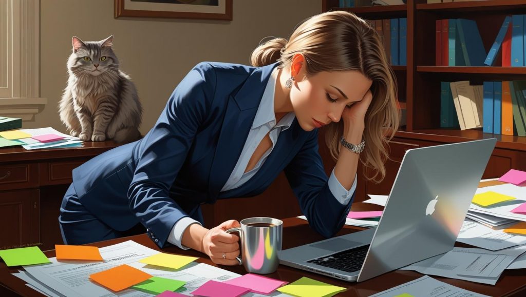 Overwhelmed by tasks at a cluttered desk sits a small business owner with burnout